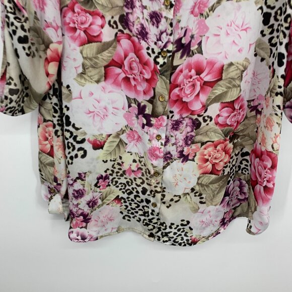 Dressbarn Top Floral Print Button Down V Neck Roll Tab Sleeve - Picture 4 of 10